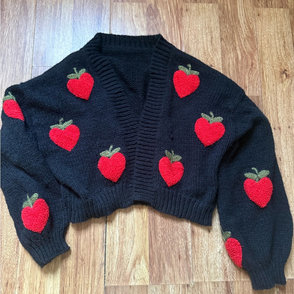 Black and Red Strawberry Cardigan with Chunky Knit
